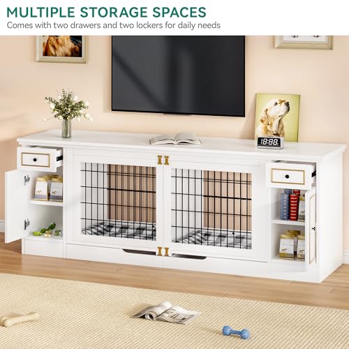 YITAHOME Double Dog Crate Furniture with Tray, 79" Dog Kennel TV Stand with Storage, Wooden Large Dog Kennel for 2 Small/Medium Dogs, White
