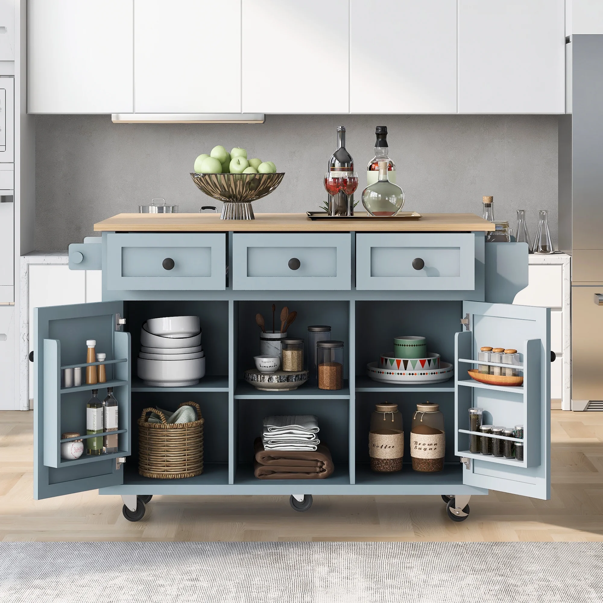 Momspeace Kitchen Island Cart with wheels and Rubber wood Drop-Leaf Countertop,Cabinet door internal storage racks,Kitchen Island on 5 Wheels with Storage Cabinet & 3 Drawers for Dinning Room-Blue
