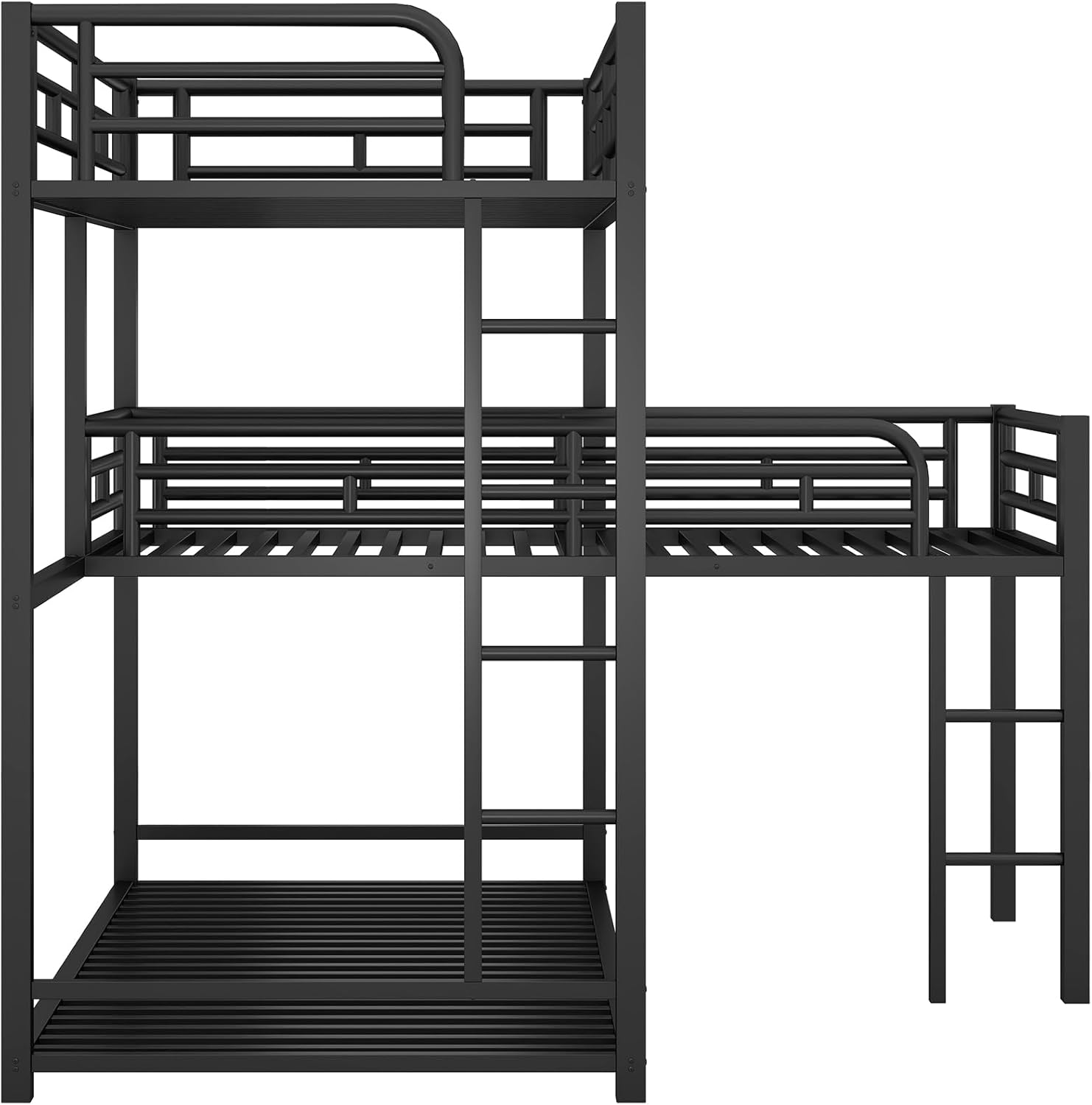 L-Shaped Triple Bunk Bed, Heavy Duty Metal Twin Size Bunk Bed with Ladder and High Guardrail, Triple Bunk Bed for 3 Kids Teens Adults, Space Saving, No Box Spring Needed, Black