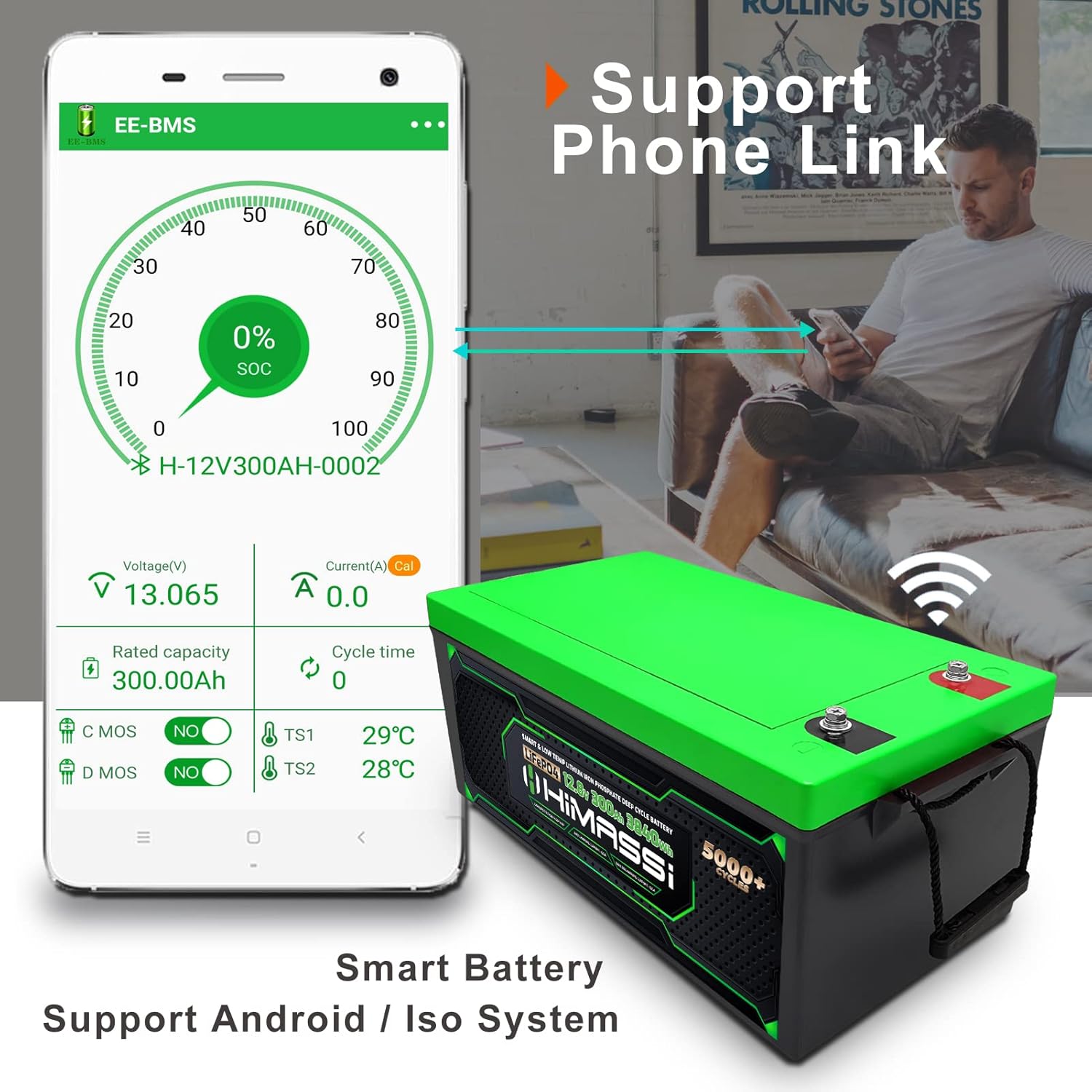 LiFePO4 Battery, 12V 400Ah Lithium Battery, Built-in 250A BMS, Lithium Ion Battery for Trolling Motor, Solar, Marine, RV Car, Camper, Home Storage, Off-Grid System