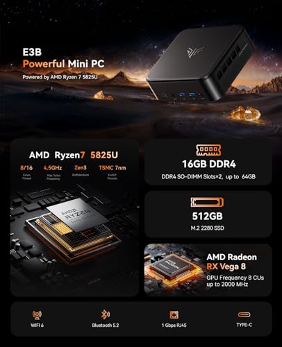 KAMRUI Mini PC with AMD Ryzen 7 5825U, 16GB DDR4 512GB M.2 SSD Mini Computer, Mini Gaming PC with USB Type-C, Desktop Computer Supports Triple 4K Display, WiFi 6, BT 5.2