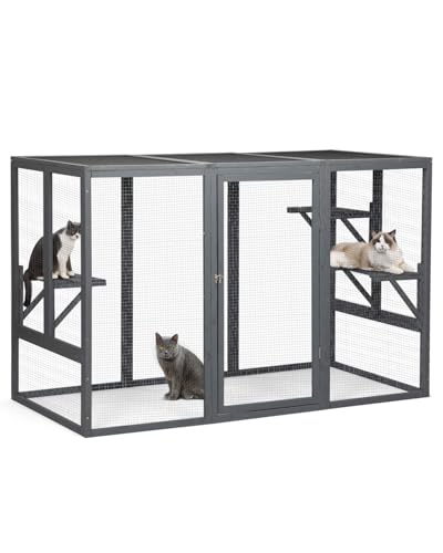 Catio Outdoor Cat Enclosure,71" L Outside Cat House Weatherproof, Wooden Large Catios for Cats Patio, Cat Houses with 3 Platforms,Grey