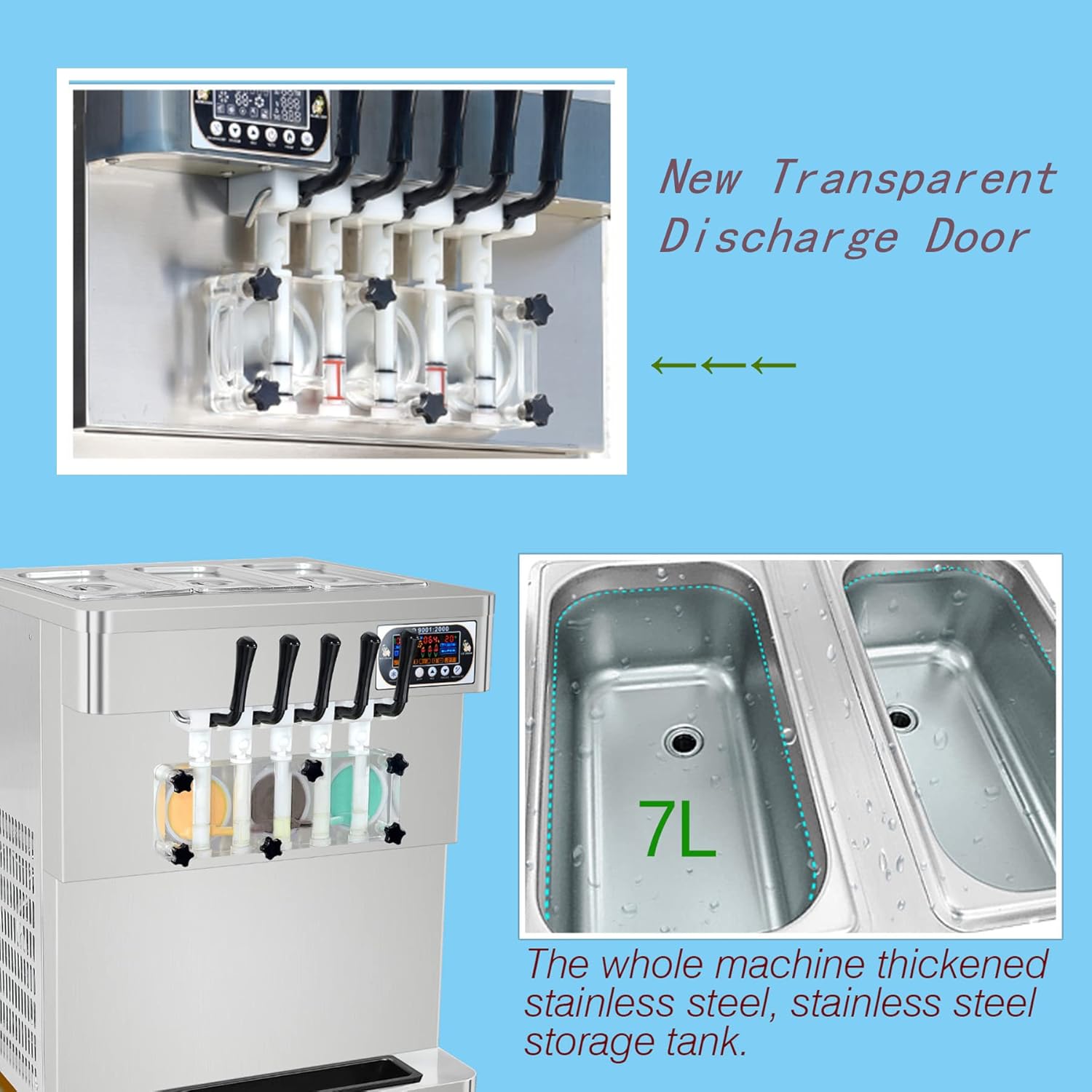 Commercial ETL 3+2 mixed Flavors Soft Serve Ice Cream Maker, High Production 5 Flavors Ice Cream Machine with Full Transparent Discharge Door & 5 Different Shapes of Mold & Upper Tank Refrigerated