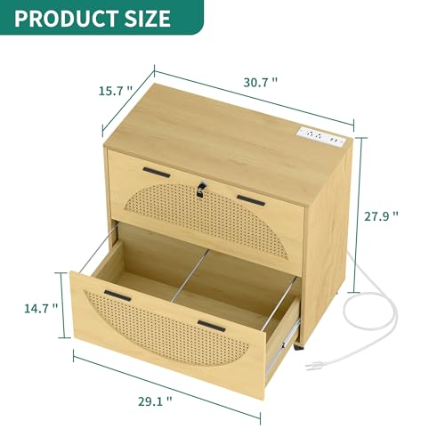 YITAHOME 2 Drawer File Cabinet with Charging Station, Rattan Filing Cabinet with Lock, Wood File Cabinet with Wheels, Home Office Furniture Fits A4, Letter, Legal Size Files