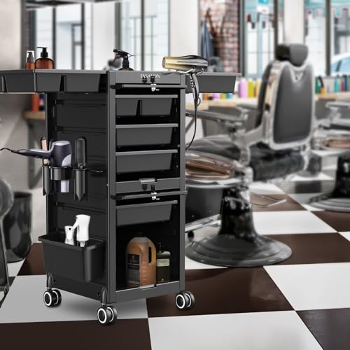 TASALON Lockable Beauty Salon Cart - Salon Stations for Hair Stylist, Salon Trolley with 6 Drawers and Tool Holders, Rolling Cart with Wheels, Lock and Door, Tool Cart for Barber Station, Pink