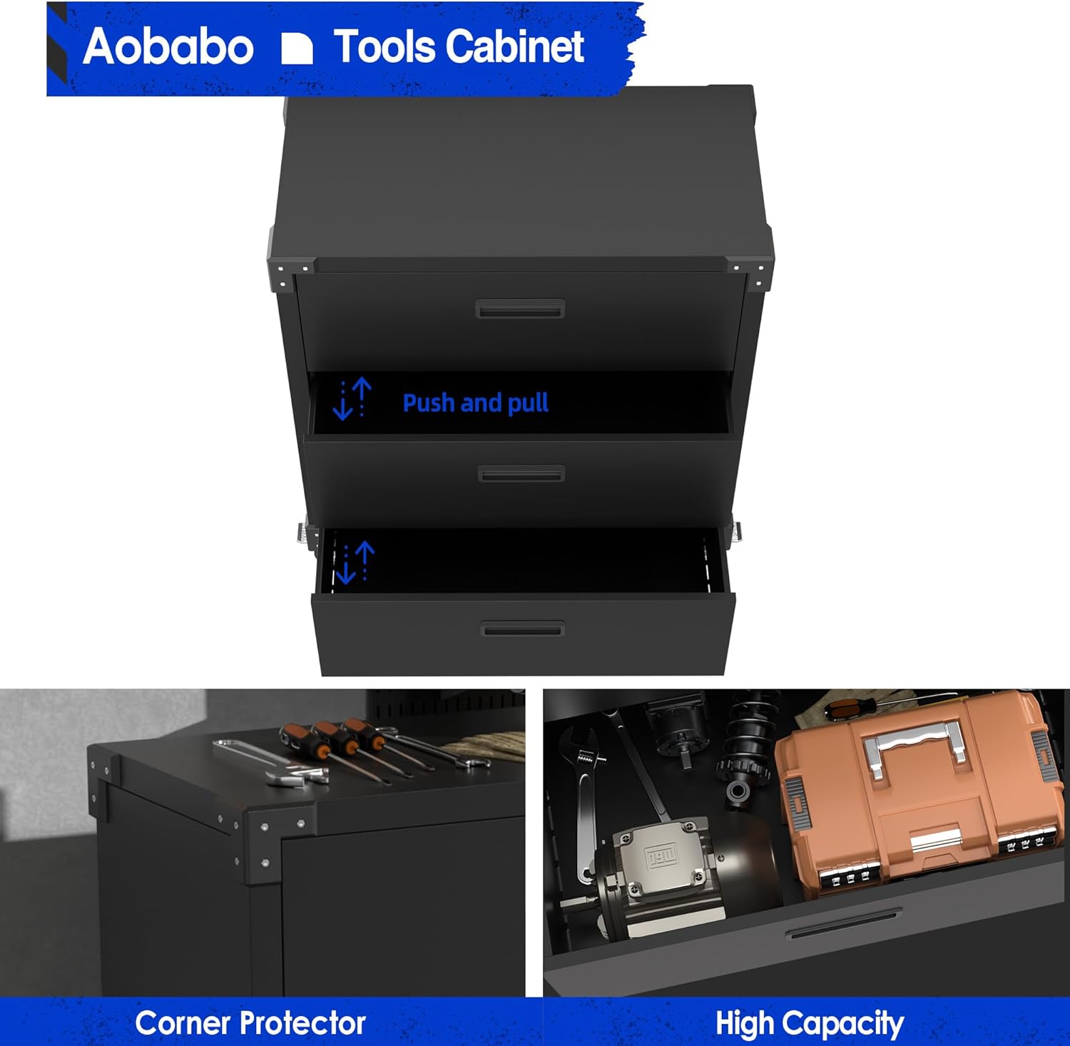 Aobabo 3 Drawer Metal Storage Cabinet with Wheels, Black Garage Storage Cabinet for Garage Home Office Business Storage,Assembly Required