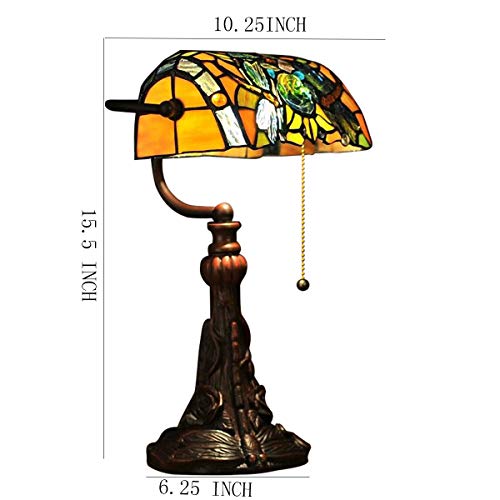 Tiffany Lamp Stained Glass Table Lamp for Living Room Side Dragonfly Piano Lamp Small 15.5" Tall Bedroom Bedside Table Lamp Chain Switch Banker's Home Office Desk Light Farmhouse Lamps