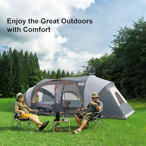 CAMPROS CP Tent 12-Person-Camping-Tents,3 Room Family Tents,Waterproof Windproof Family Tent with Top Rainfly,6 Large Mesh Windows,Double Layer,Easy Set Up, Portable with Carry Bag-20' x 9' x 72"(H)