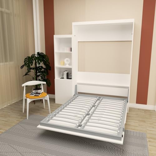 Full Size Vertical Murphy Bed with Shelf and Drawers for Bedroom or Guestroom White Wall Bed Space Saving Hidden Bed Gas Struts (White)