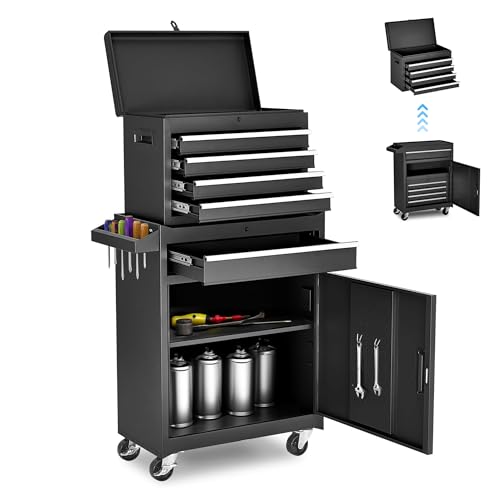 Rolling Tool Chest 5 Drawers Tool Box Garage Storage Cabinet Steel Frame 2 in 1 Tool Cart with Universal Lockable Wheels, Detachable Top and Adjustable Shelf for Garage, Black