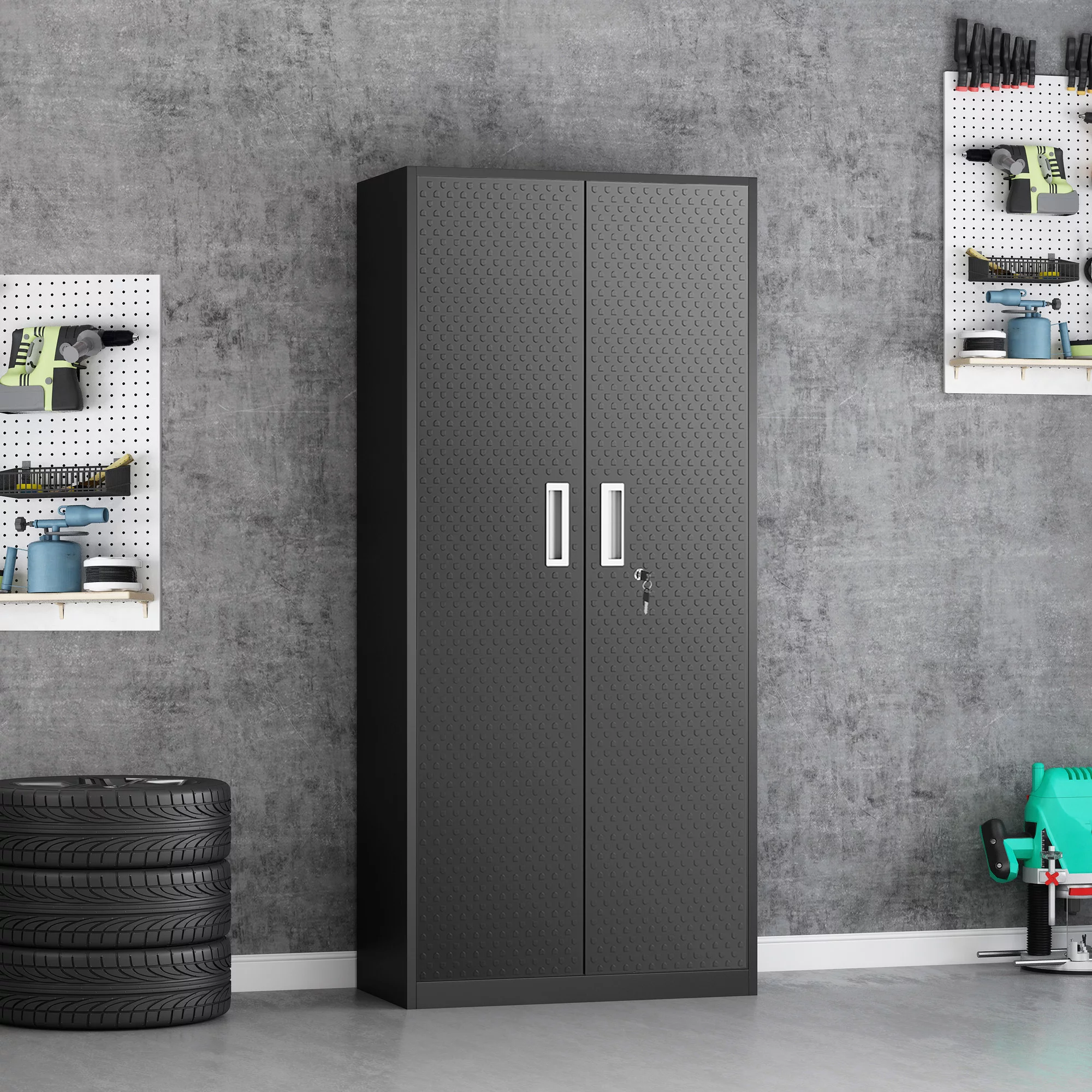 Tall Metal Storage Garage Cabinets with Locking Doors and 4 Adjustable Shelves, Double Handles, Steel Storage Cabinet for Garage, Office, Bedroom,Classroom, Employees,School,GymBlack