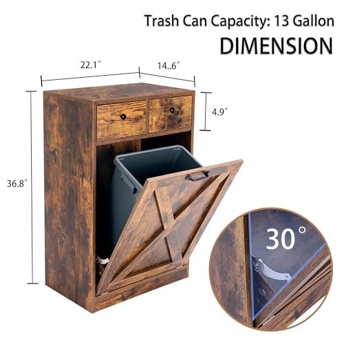 13 Gallon Tilt Out Trash Cabinet with 2 Drawers Wood Hidden Kitchen Recycling Cabinet Free Standing Pet Proof Trash Can Laundry Cabinet for Kitchen (Rustic Brown)