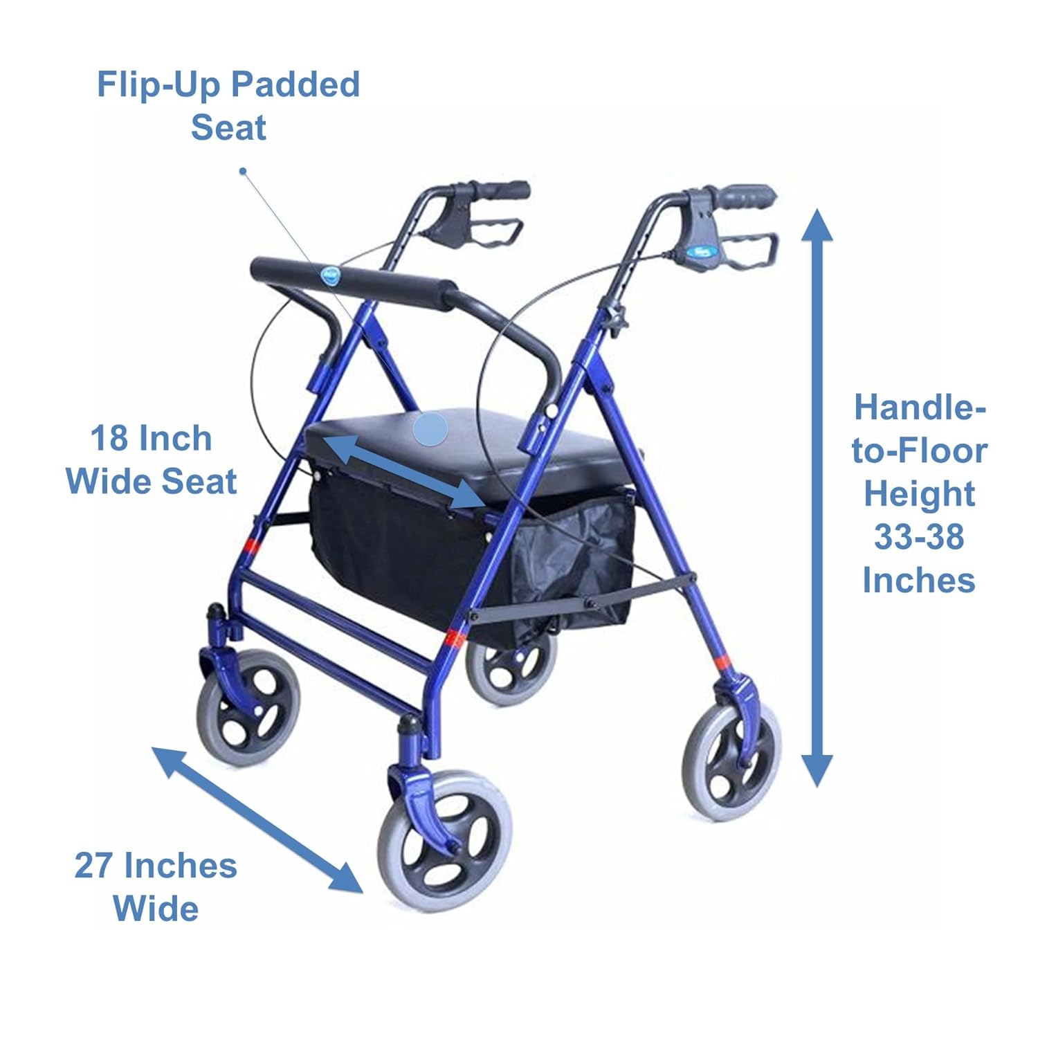 Invacare Bariatric Rollator, 500 lb. Weight Capacity, Flip-Up Padded Seat, 66550, Blue