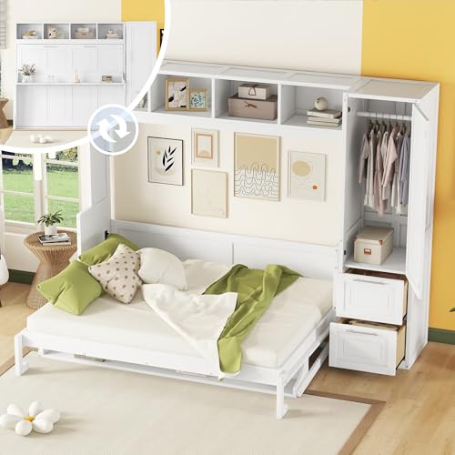 Linique Full Size Murphy Cabinet Storage Wall Bed with Closet and Drawers and Built-in Top Shelf,Hide a Bed on a Wardrobe Space Saving Design,Gray