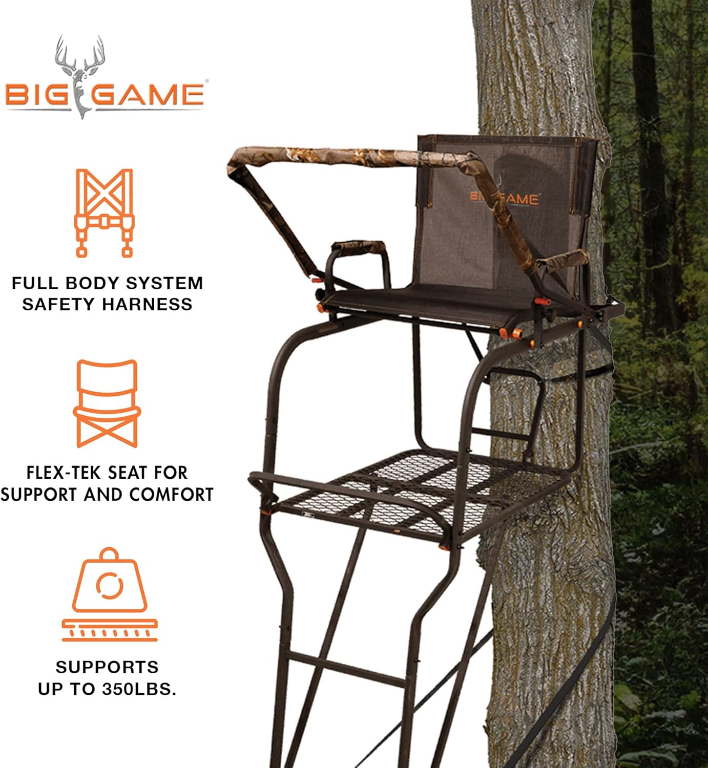 Big Game Hunter HD 18.5 Foot 1 Person Deer Hunting Adjustable Ladder Outdoor Tree Stand with Full Body Fall Arrest System, Camouflage (2 Pack)