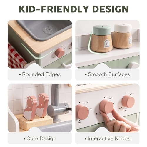 ROBUD Play Kitchen Set, Wooden Play Kitchen with Ice Maker, Fridge, Coffee Machine, Oven, Dishwasher, Microwave, Kitchen Accessories, Toy Kitchen Gift for Boys Girls, 3+