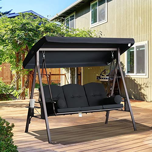 Outsunny 3-Seat Patio Swing Chair, Outdoor Porch Swing Glider with Adjustable Canopy, Removable Cushion, Pillows and Side Trays, for Garden, Poolside, Backyard, Brown