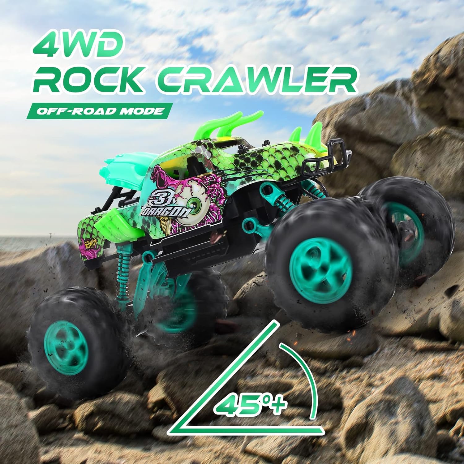 Remote Control Cars, Holyton 1:12 Large Scale Dinosaur Monster RC Trucks, 4WD Liftable Chassis Off Road Rock Crawler for Kids, 2 Batteries for 60+ Minutes Play, RC Car Toys Gift for Boy & Girls