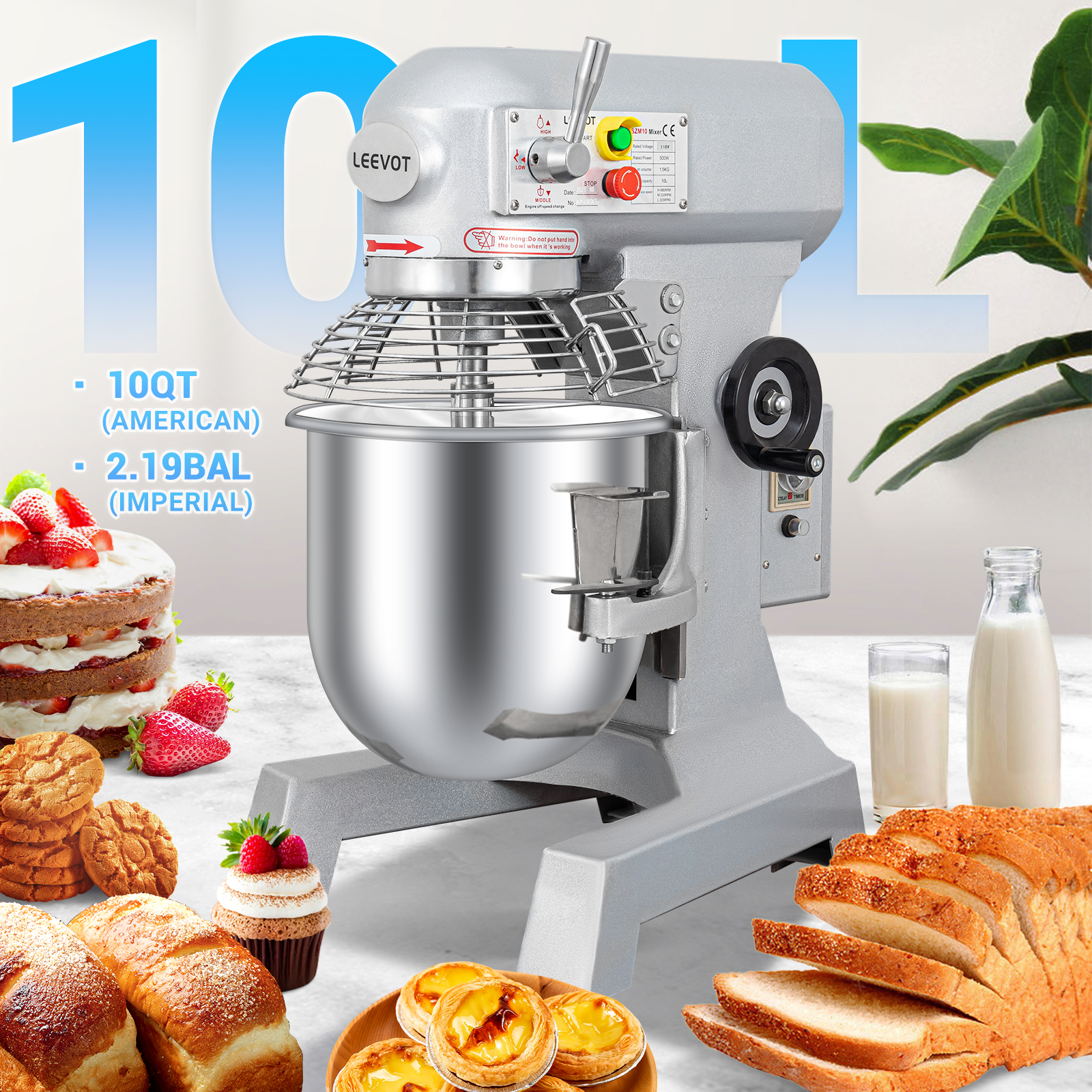 LEEVOT Commercial Stand Mixer 3-Speed Dough Mixer Commercial Food Mixer 10qt 500W