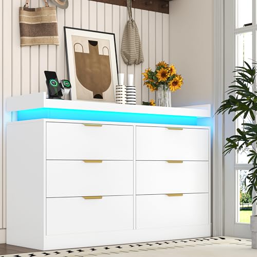 White Dresser with LED Lights, Wooden LED Dresser, 4 Drawer Chest with Charging Station, Tall Chest of Drawer Closet Organizer for Bedroom, Living Room, Entryway, Hallway