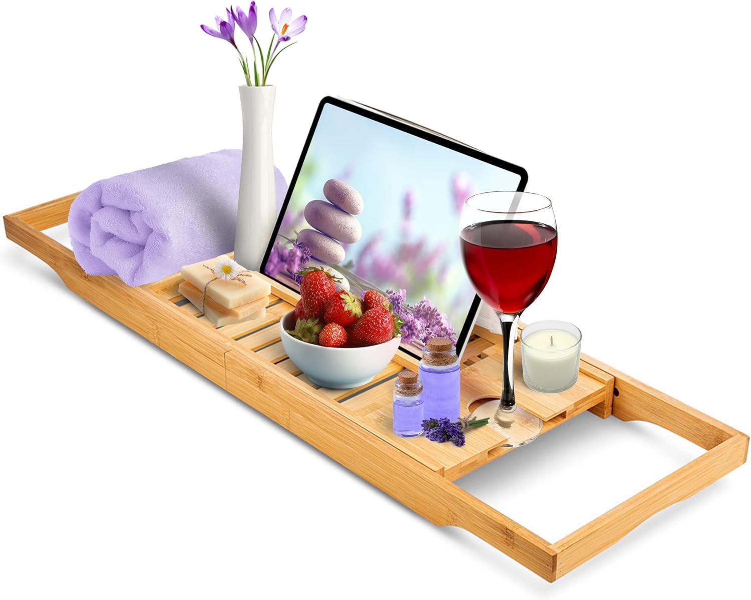 Home Intuition Expandable Bamboo Bath-Tub Table Tray Caddy 27.75 - 41.5 Inches