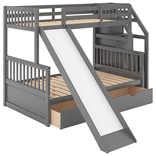 Harper & Bright Designs Twin Over Full Bunk Bed with Slides, Wood Bunk Bed with Stairway and Storage, Low Bunk Bed with Drawers and Safety fence, for Kids and Teenagers (No Box Spring Needed, White)