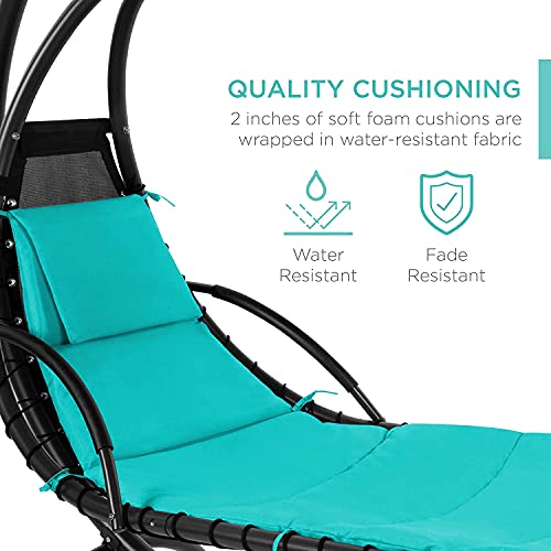 Outdoor Hanging Curved Steel Chaise Lounge Chair Swing w/Built-in Pillow and Removable Canopy, Teal (Navy Blue)