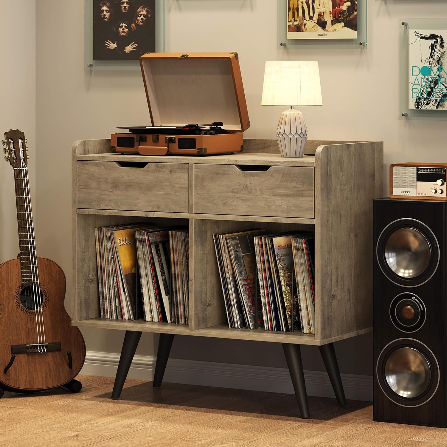 Record Player Stand with Storage, Farmhouse Record Table Cabinet with Power Outlet & Drawers, Large Wooden Turntable Stand for Album in Living Room Bedroom, Gray