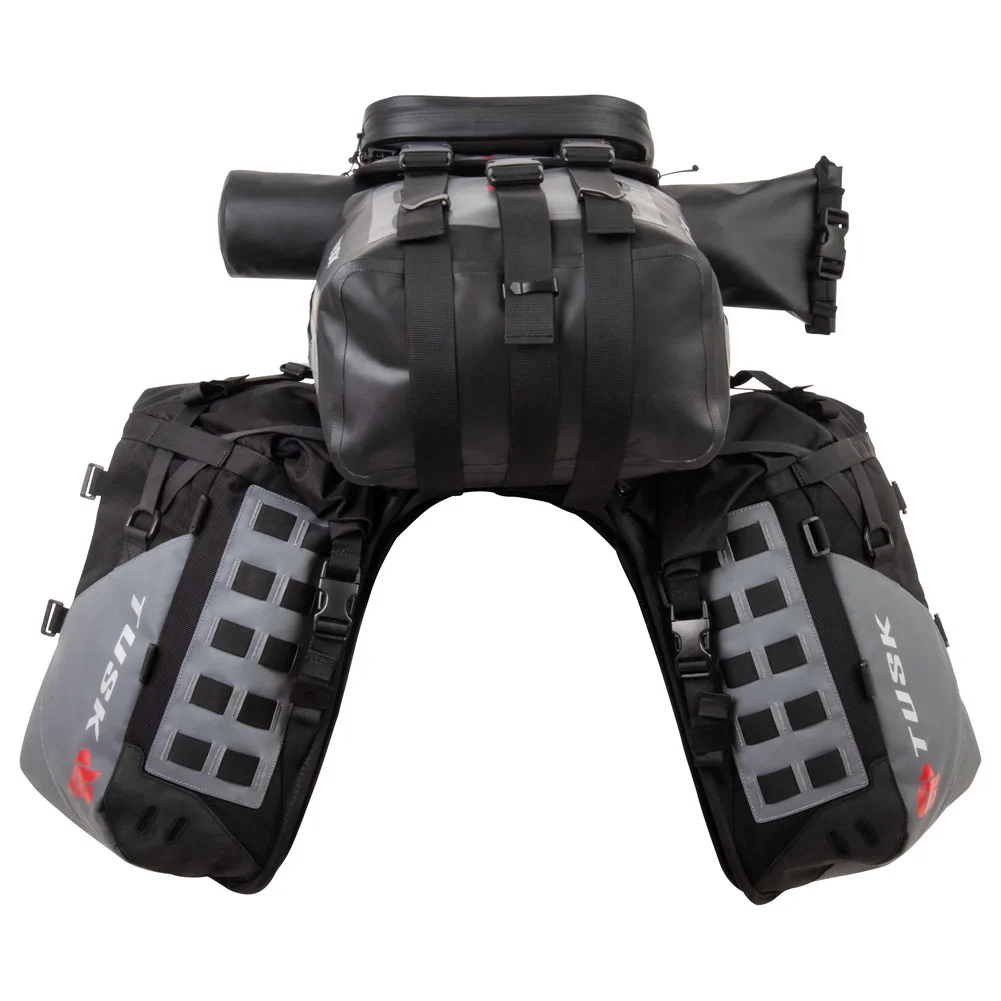 Tusk Highland X2 Rackless Luggage System w/Small Dry Duffel Tail Bag Standard Heat Shield For Suzuki DR350SE 1994-1999
