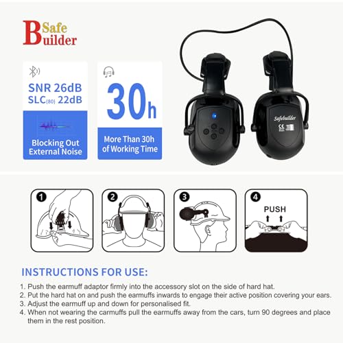 SAFEBUILDER Safety Helmet with Visor Bluetooth Ear Muffs SNR 26dB Hard Hat with Visors Mounted Ear muff Hardhats Vented ANSI Z89.1