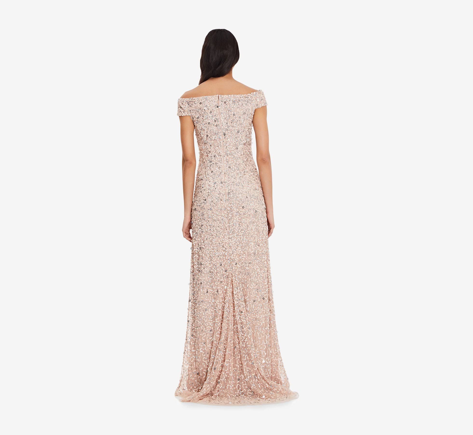 Adrianna Papell Off-The-Shoulder Beaded Gown - Blush 12