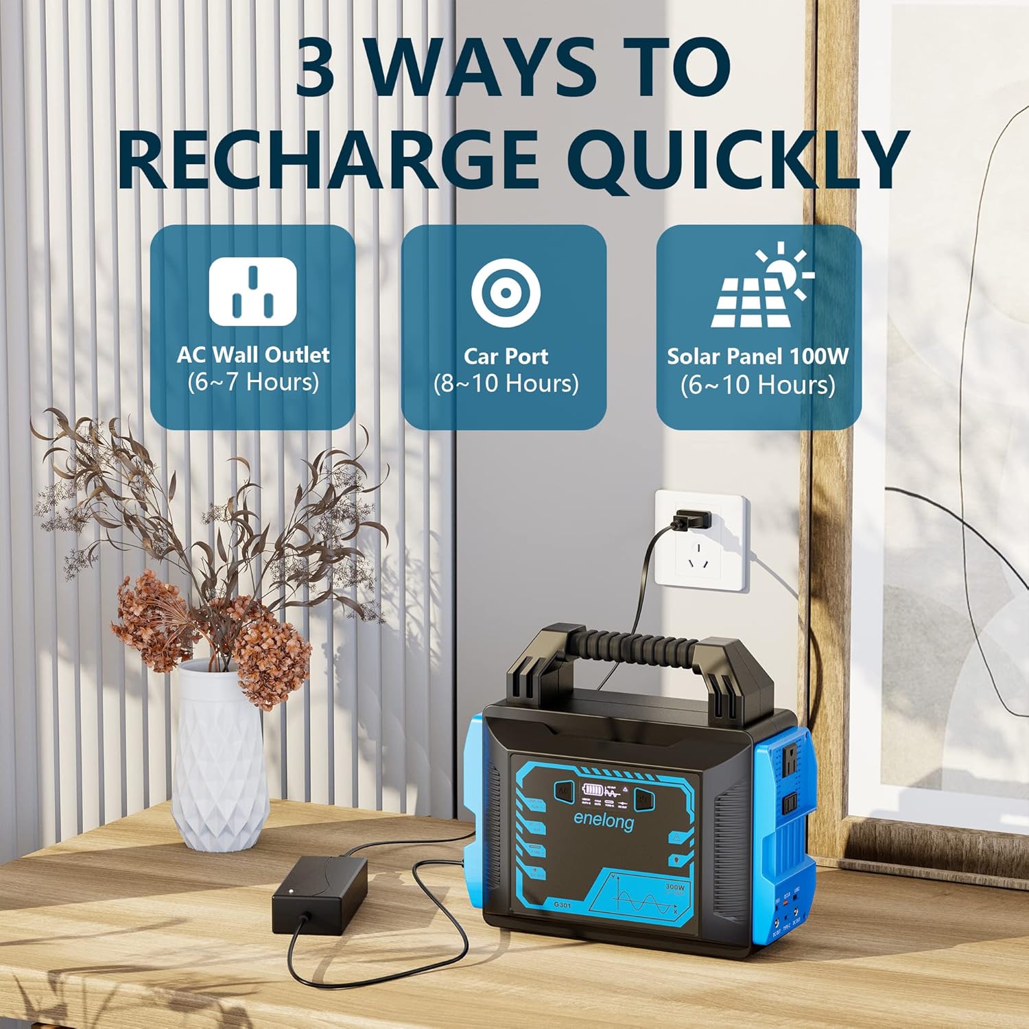 Portable Power Station 300W, Enelong Solar Generator 296Wh with PD45W Output, 2 AC Outlets 2 DC Ports 2 USB Ports, Portable Generator with Bright LED Flashlight for Camping CPAP Emergency
