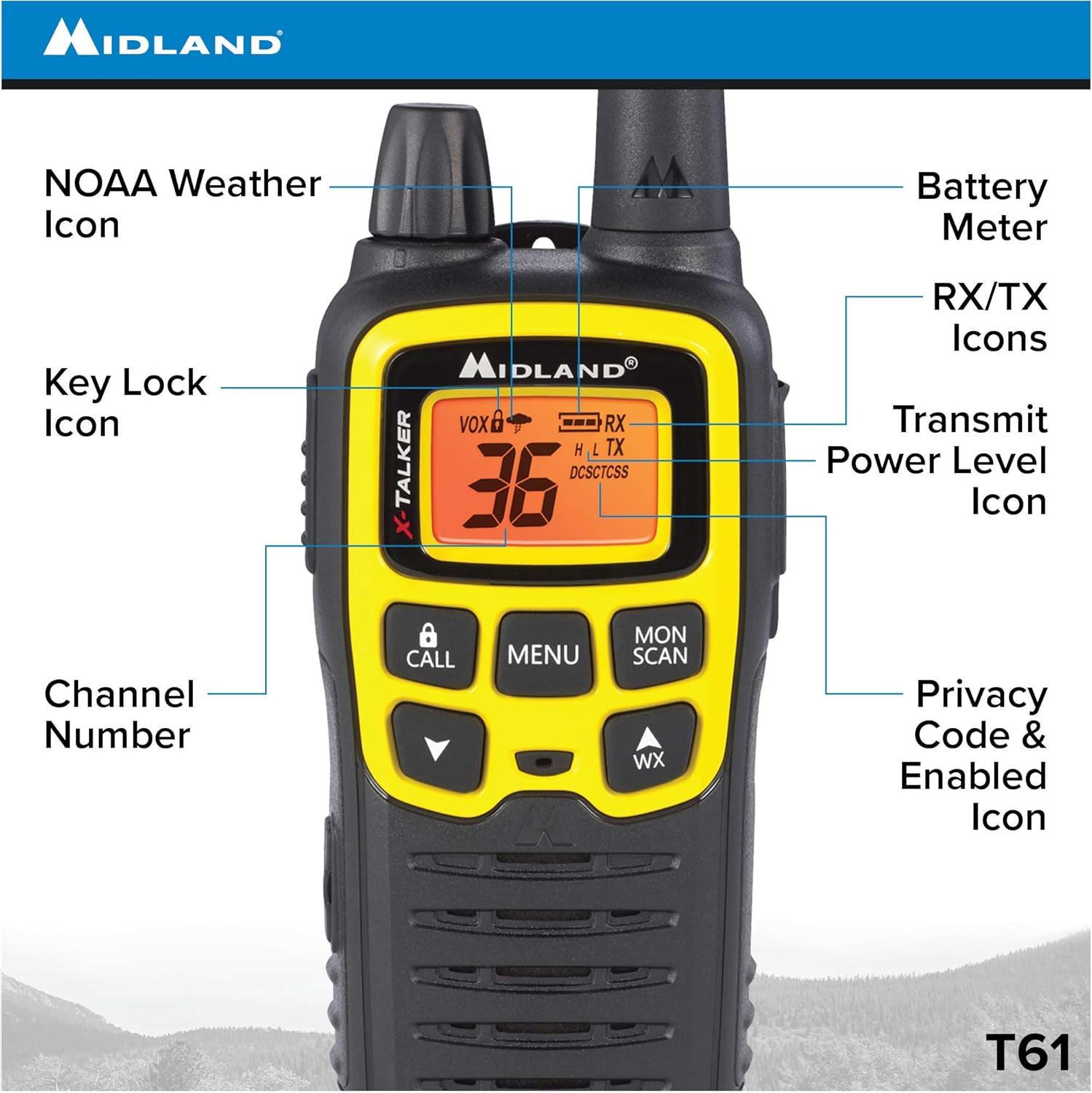 Midland X-TALKER 36 Channel FRS Two-Way Radio - Long Range Walkie Talkie, 121 Privacy Codes, & NOAA Weather Scan + Alert (Black/Yellow, 2-Pack)
