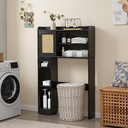 6Tier Over The Toilet Storage Cabinet, Freestanding above Toilet Space Saver Rack w/Adjustable Shelves, Sliding Door, Multifunctional Over Toilet Organizer for Bathroom (White)