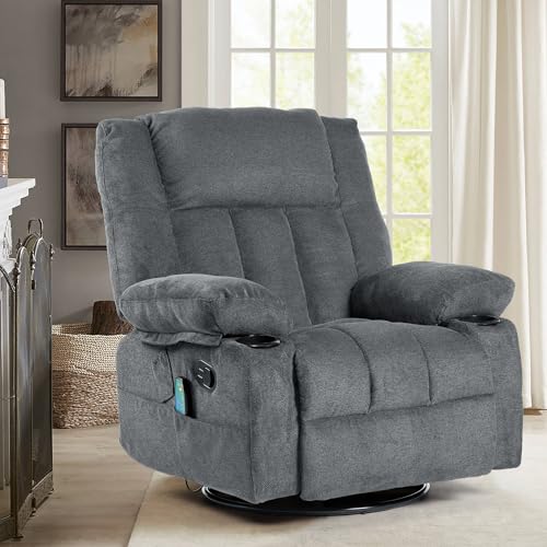 Recliner Chair Massage Fabric Recliners with Heated, 360 Degree Swivel Single Sofa with Cup Holders and Side Pockets Rocking Chair for Living Room
