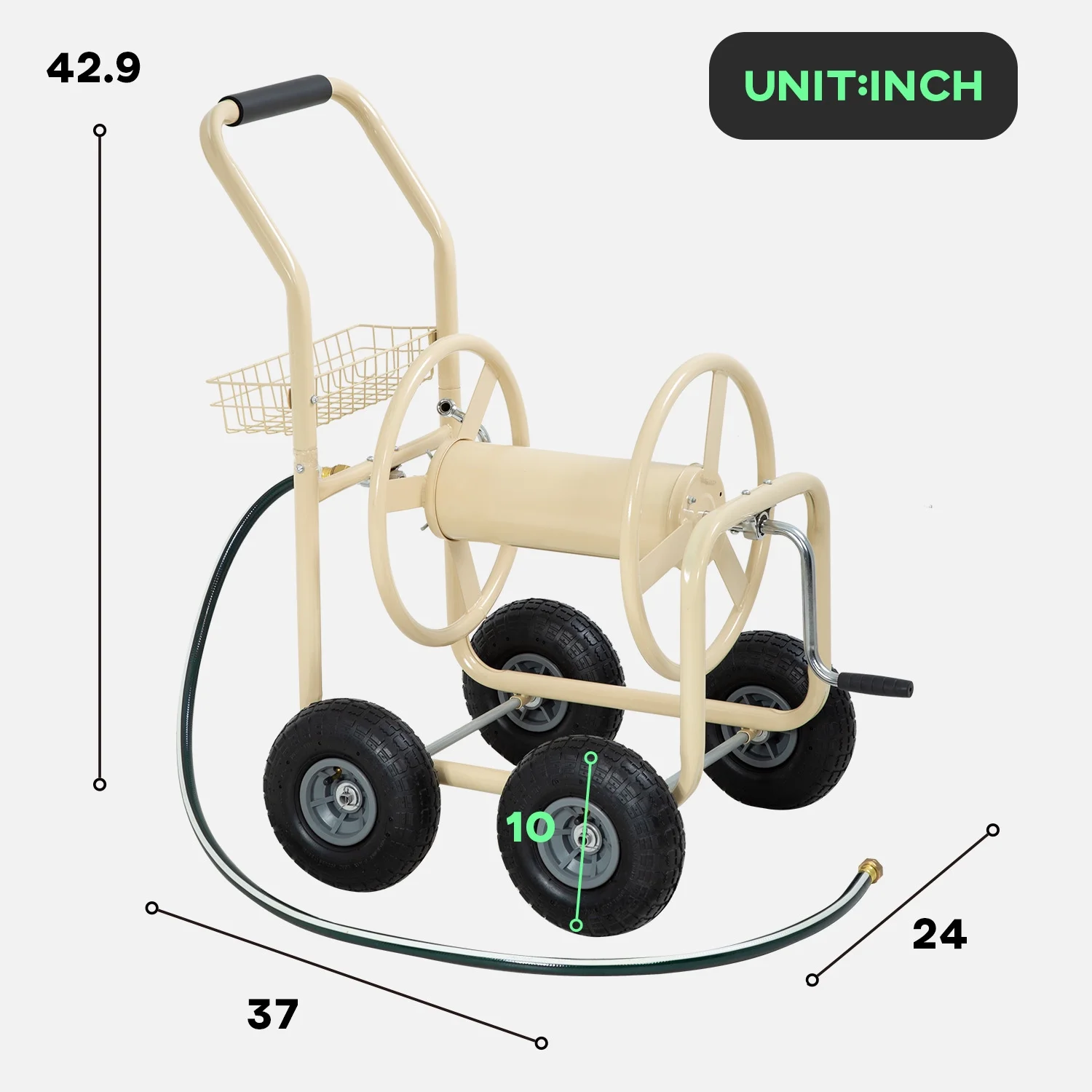Garden Hose Reel Cart with Wheels, Water Hose Reel Cart Heavy Duty Hose Reel Holds 300-Feet of 5/8-Inch Hose Metal Hose Reels for Outdoor Yard Lawn Water Truck Planting Cart with Storage Basket, Tan