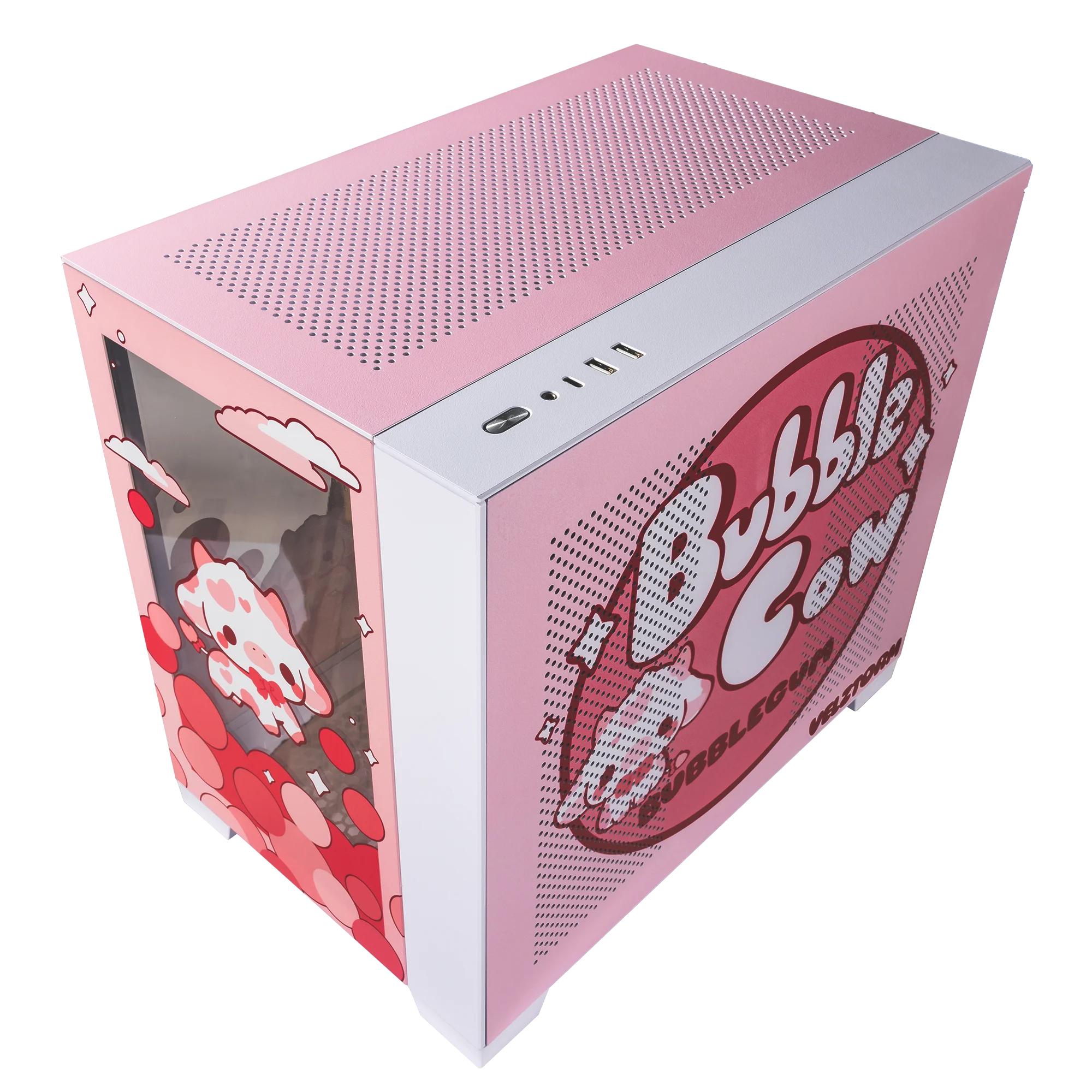 Velztorm Bubble Cow Custom Art Aluminum Tempered Glass O11 Dynamic Mini Rose Pink Gaming Computer Case, Supports Mini-ITX, Micro-ATX, and ATX Motherboard Sizes, O11D Mini-S