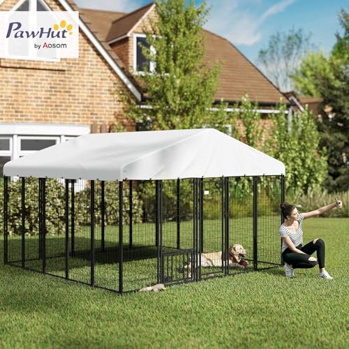 PawHut 4.6' x 4.6' x 5' Dog Kennel Outside, Welded Wire Outdoor Dog Kennel Run with Waterproof & UV Resistant Cover, for S&M Breeds, Chickens, Ducks, Black