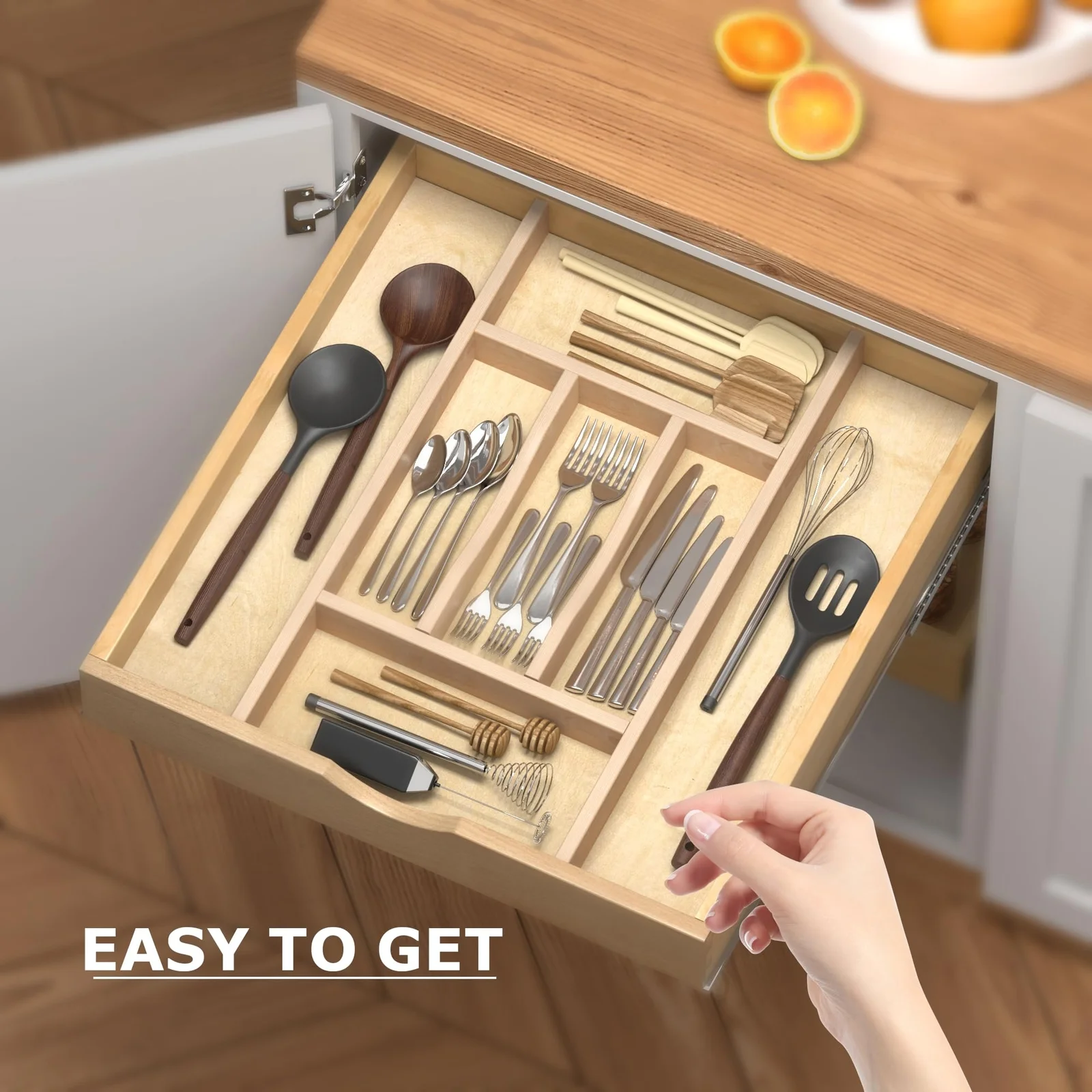 7 Slot 20x19Utensil/Tool/Junk Drawer Organizer Tray w/Divider (Natural Wood)