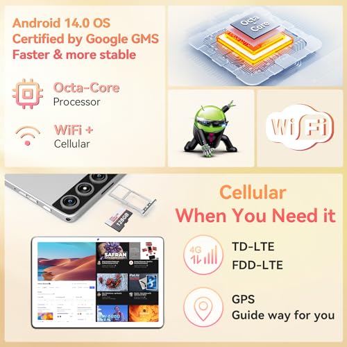 Tablet 10 Inch Android 14 Tablet, Octa-Core 5G WiFi, 4G Cellular Tablet 128GB ROM 14GB RAM, 2024 Newest Tablet with Keyboard Bundle 1TB Expand Android Tablet 13MP+8MP Dual Camera, GPS Tab HD Display