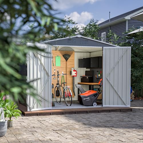 10 x 8 FT Outdoor Storage Shed, Metal Garden Shed with Floor Frame, Large Tool Shed Outdoor Storage with Lockable Sliding Doors & Air Vents, Storage House Waterproof for Backyard, Lawn, Gray