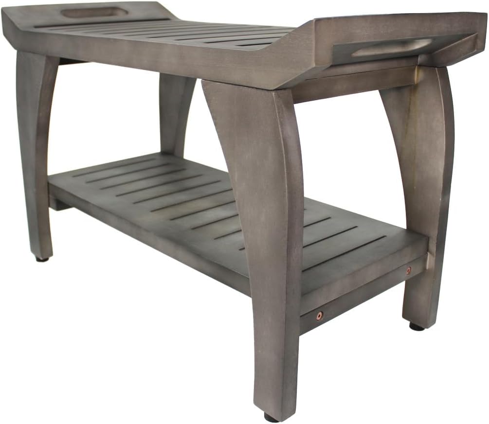 Coastal Vogue Tranquility 30" Teak Wood Shower Bench with Shelf and LiftAide Arms in Gray Finish