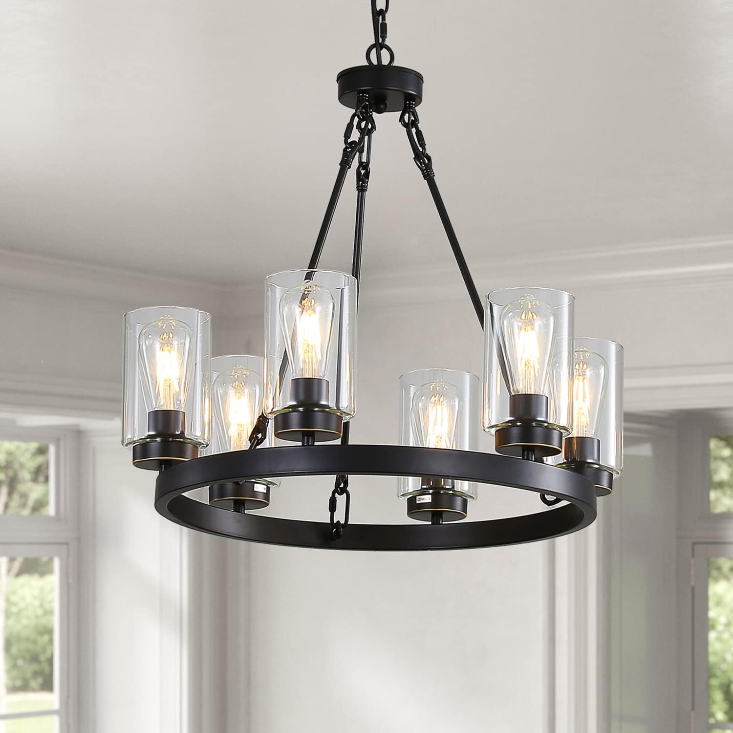 6-Light Large Industrial Rustic Farmhouse Wagon Wheel Chandelier Black Metal Large Round Dining Room Light Modern Rustic Light Fixture Iron Ring Chandelier Clear Glass Shade