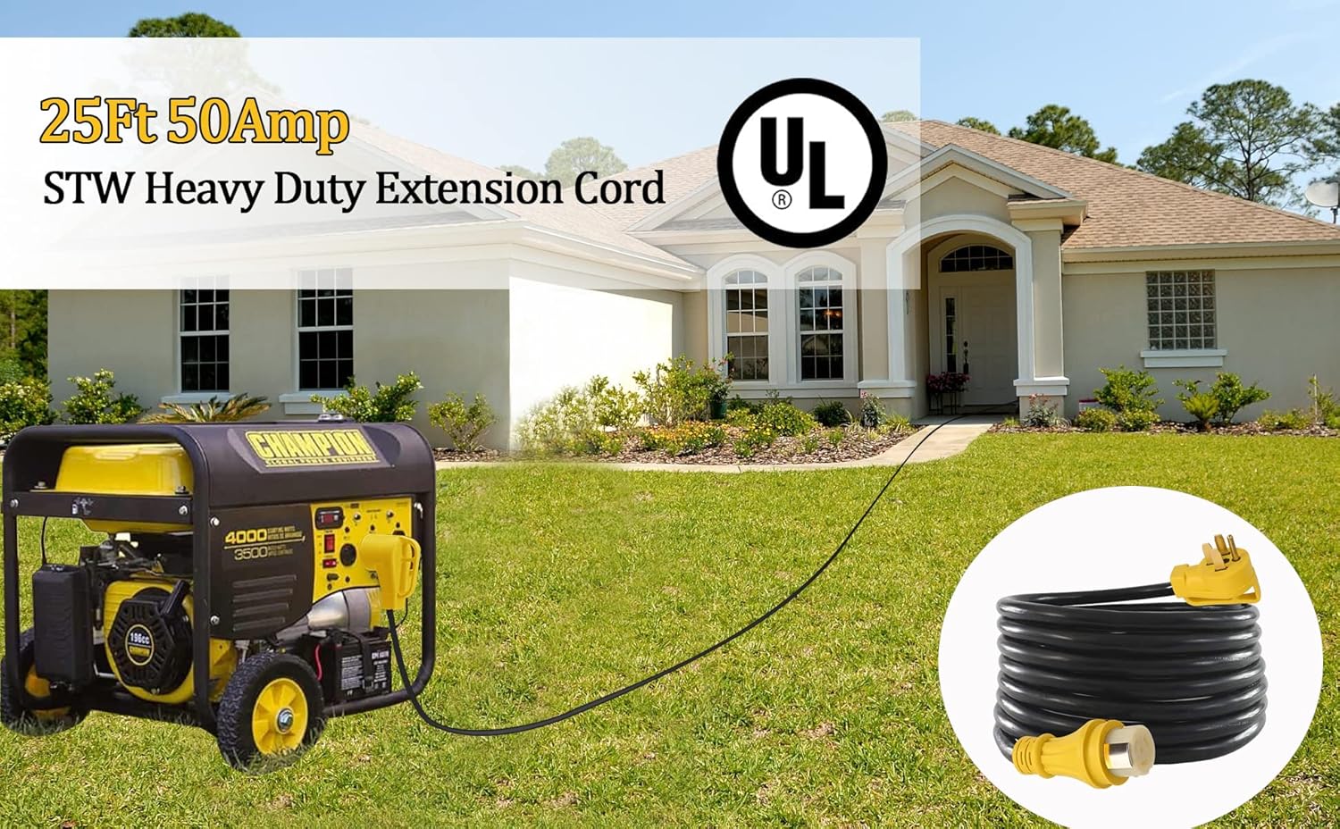 25Ft 50Amp STW Heavy Duty RV Extension Cord,14-50P Male and SS2-50R Twist-Locking Female，125V/250V for RV Trailer, Camper, Motorhome