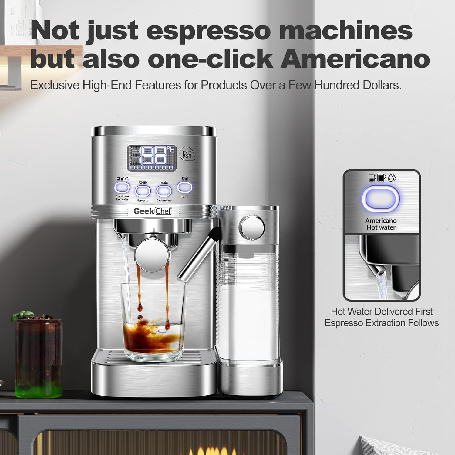 Geek Chef Espresso Machine with Built-In Automatic Milk Frother, 7-in-1 Cappuccino & Latte Machine for Home, 80s Get Americano Coffee, ESE POD Filter, 20 Bar, Stainless Steel