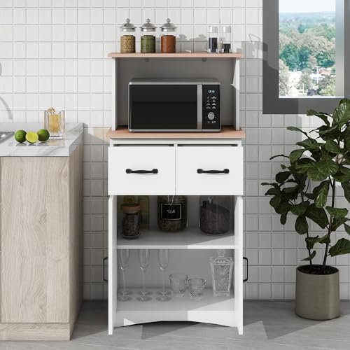 Tall Kitchen Pantry, Wooden Kitchen Cabinet White Pantry Room Storage Microwave Cabinet with Framed Glass Doors and Drawer, Buffet Cabinet Coffee Bar Cabinet for Dining Room Living Room
