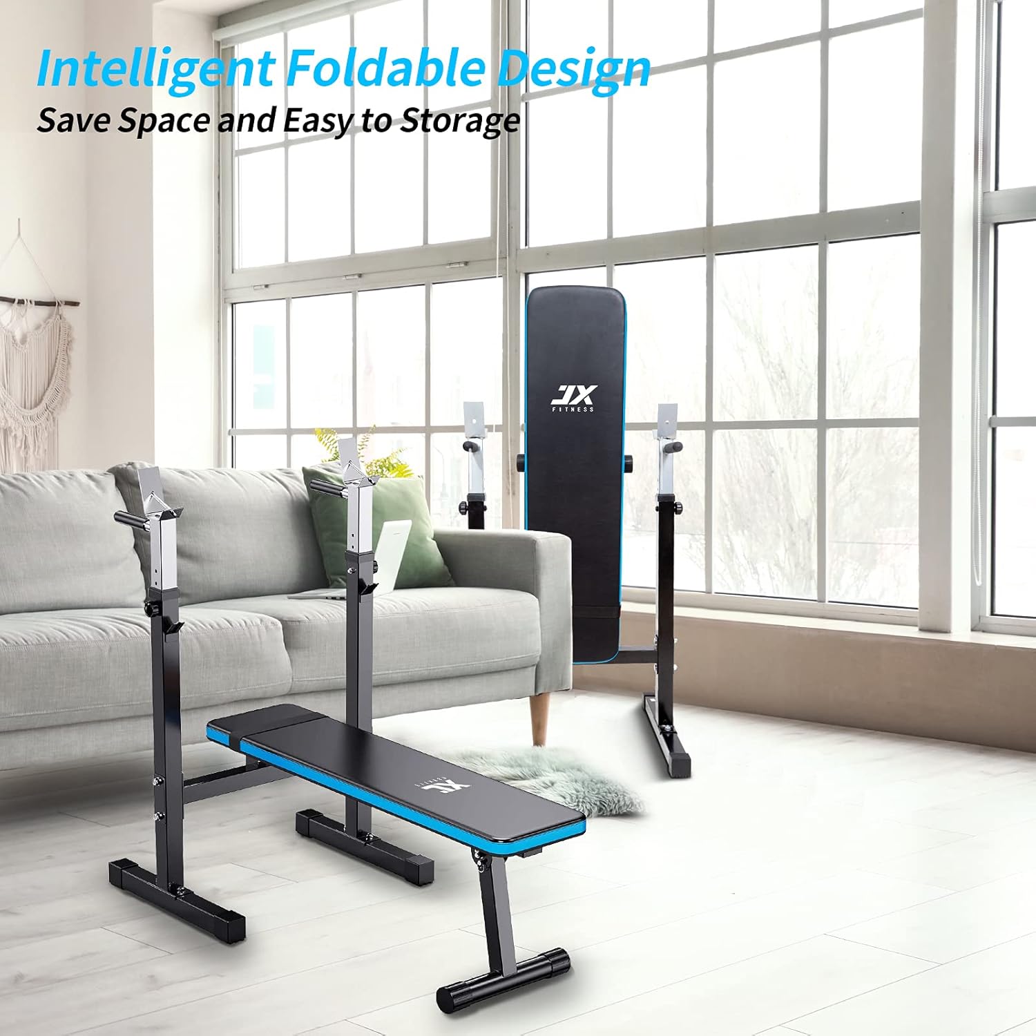 JX FITNESS Adjustable Weight Bench with Barbell Rack Folding, Weight Lifting Bench with Dip Station for Home Gym, Strength Training Multiuse Workout Bench