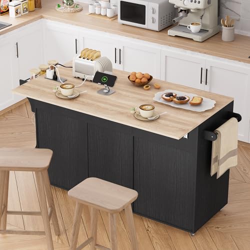 Rolling Kitchen Island on Wheels, Kitchen Islands Cart with Trash Can Storage Cabinet, Portable Island Table with Power Outlet, Drop Leaf, Spice Rack, and Drawers, Black