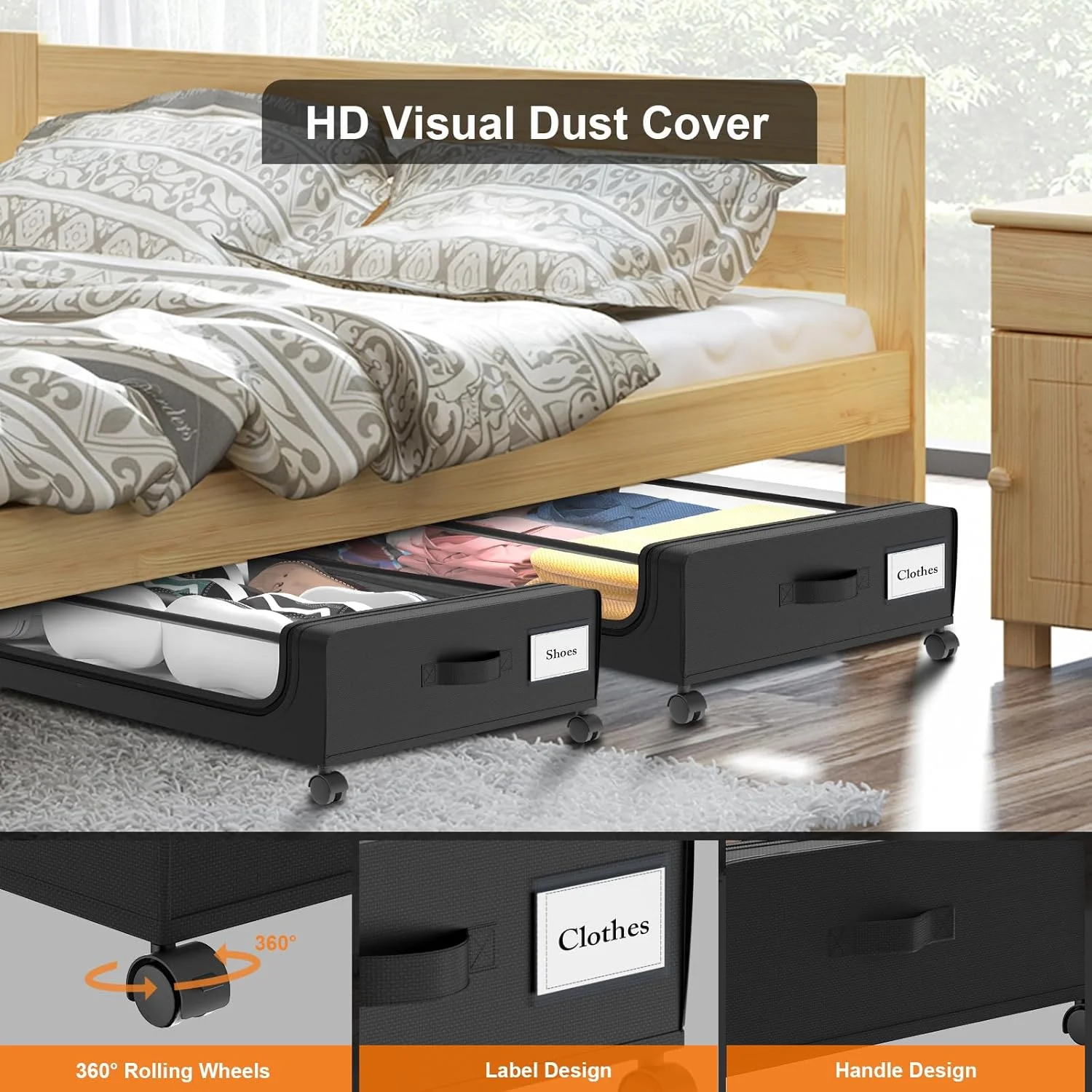 Under Bed Storage with Wheels 2 Pack, Under Bed Storage Containers, Large Under Bed Rolling Storage with Lid, Bedroom Storage Organizer for Clothes, Shoes,Toys, Books, Blankets BLACK