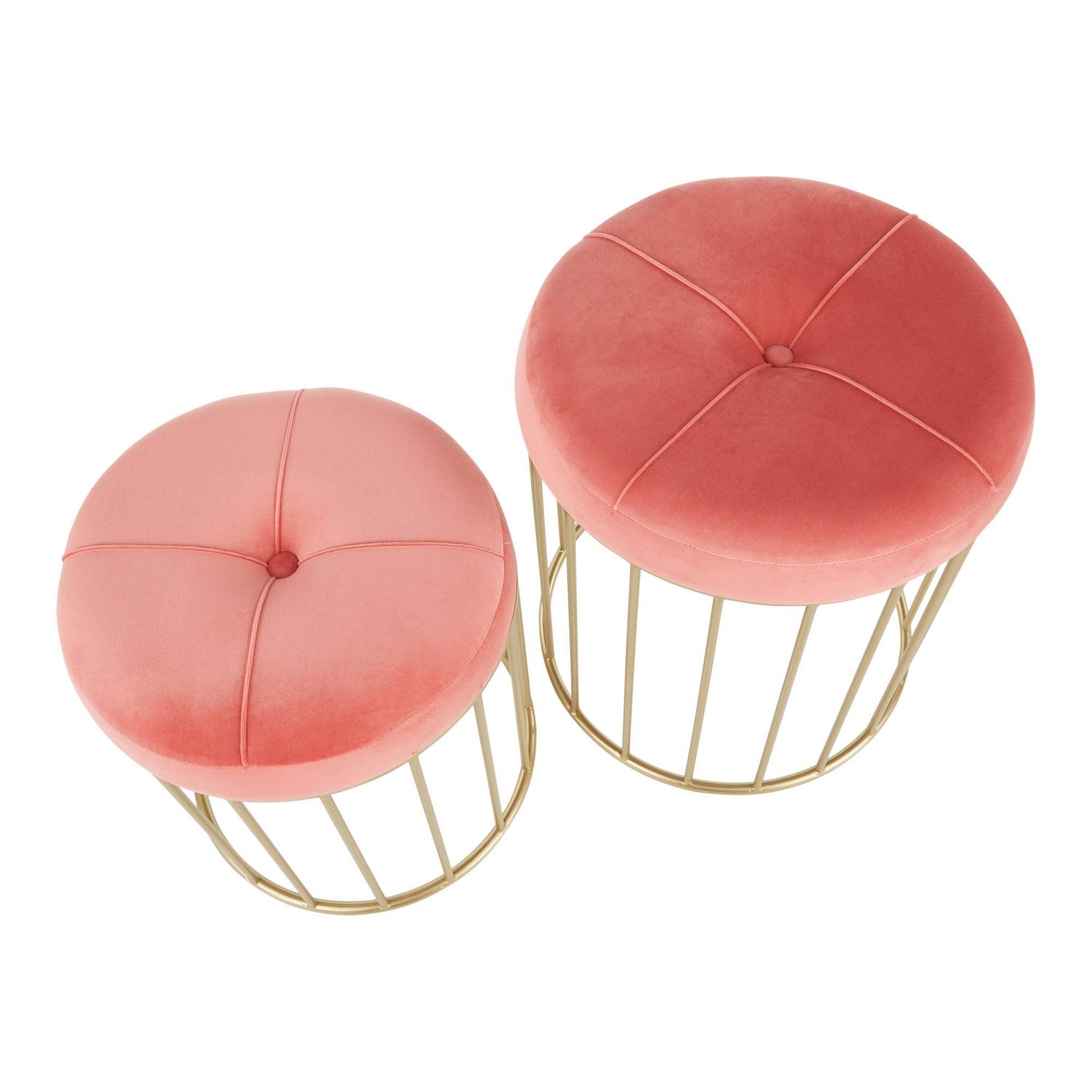 LumiSource Canary Nesting Ottoman Set - Gold Metal, Pink Velvet